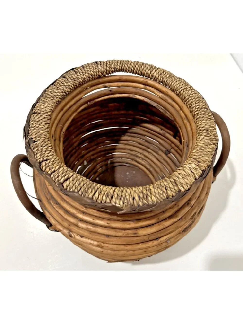 Vintage MCM Pencil Reed Coiled Basket Lidded With Handles Made in Italy